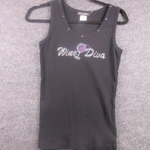 Get Lucky Tank Top Womens‎ Large Black Rhinestone Wine Diva Scoop Neck